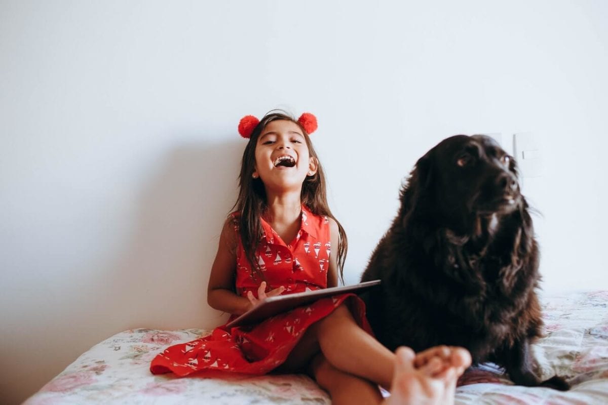 Young girl laughing with happiness next to pet dog custody